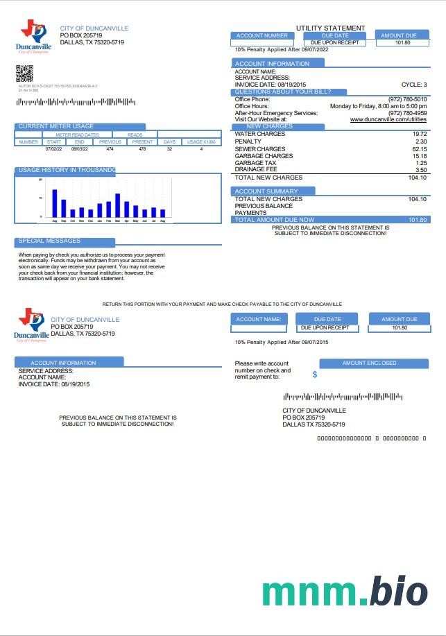 USA Texas City of Duncanville rachunek za media szablon w formacie Word i PDF